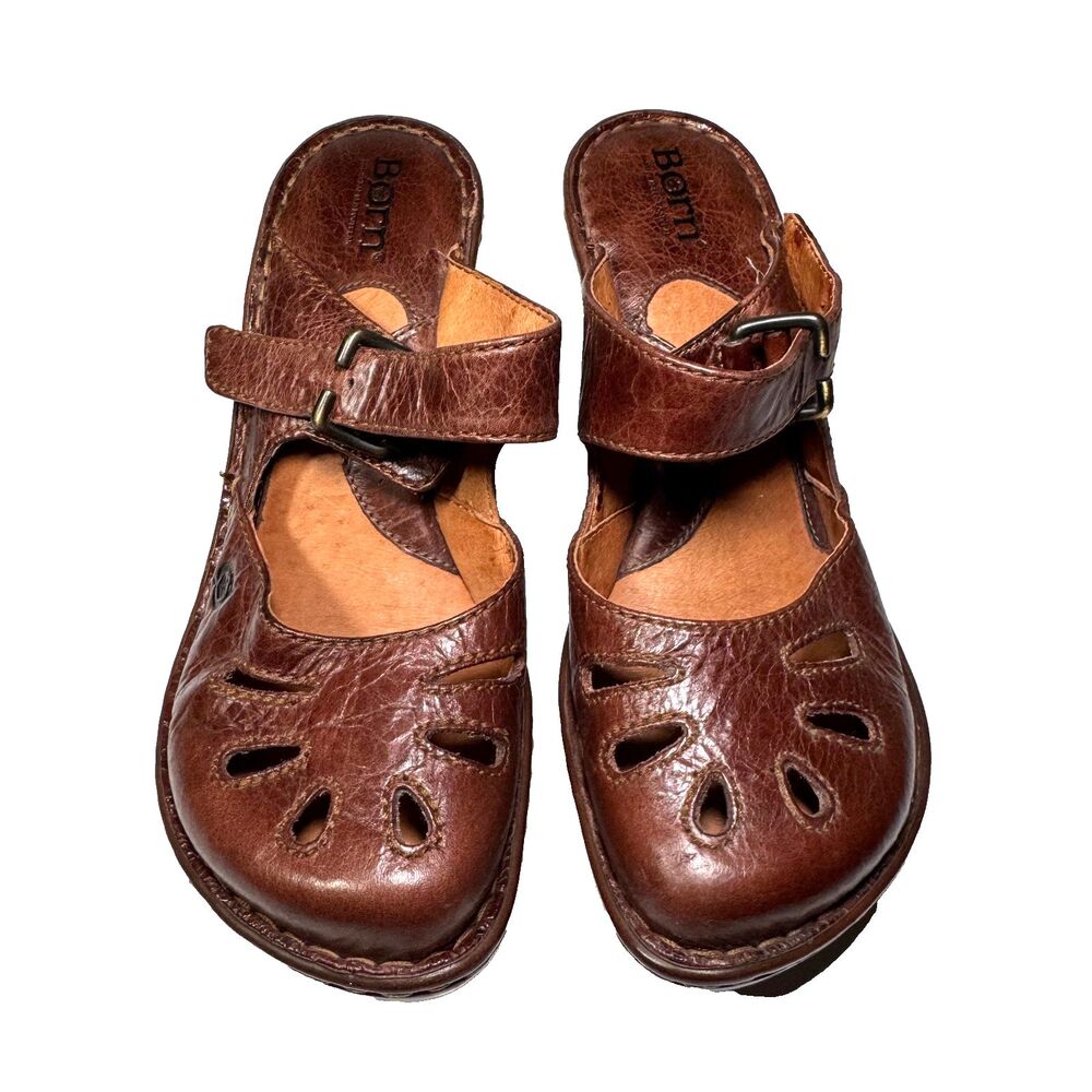 Born Shoes Women's Size 8 Brown Leather Cutout Mary Jane Wedge Heels Mules Boho